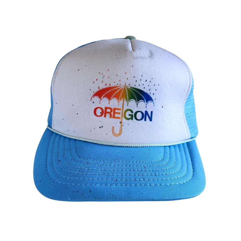 Vintage 80s Oregon Rainbow Umbrella Trucker Snapback Hat Souvenir Baby Blue